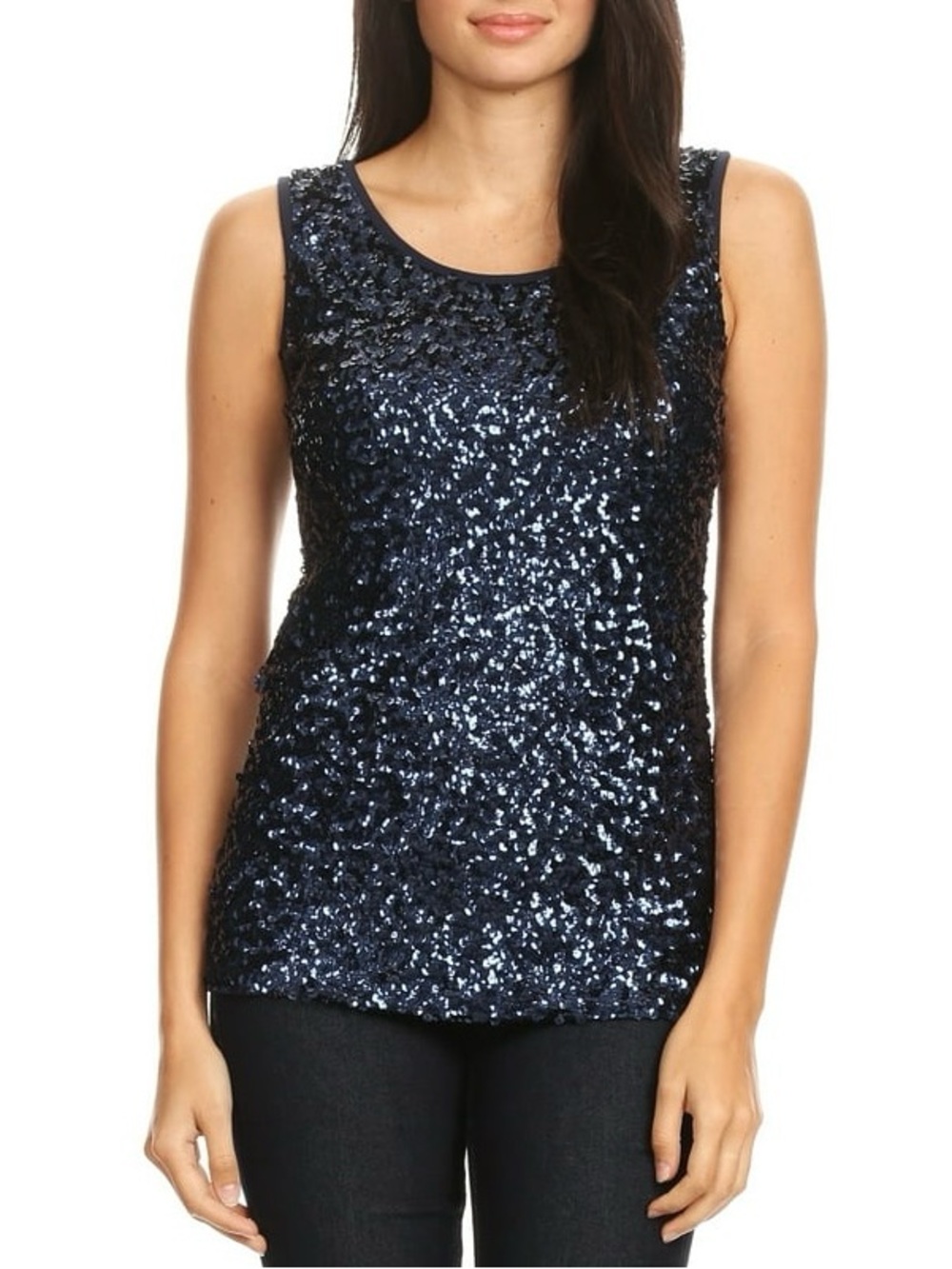 EUC New York & Company Navy Sequin Scoop Neck Sleeveless Tank Top. Size M.